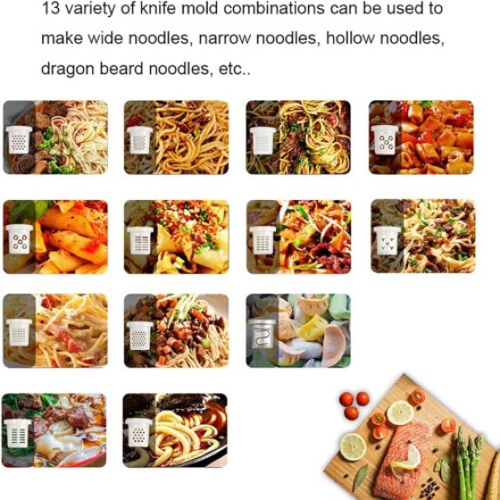 Automatic Pasta Maker Machine Model 260W-13, Electric Pasta Extruder With 480g Flour Capacity, Noodle Molds, Grey